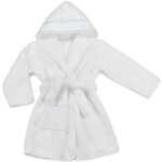 Albornoz en tela de rizo con ribete azul, rosa y blanco